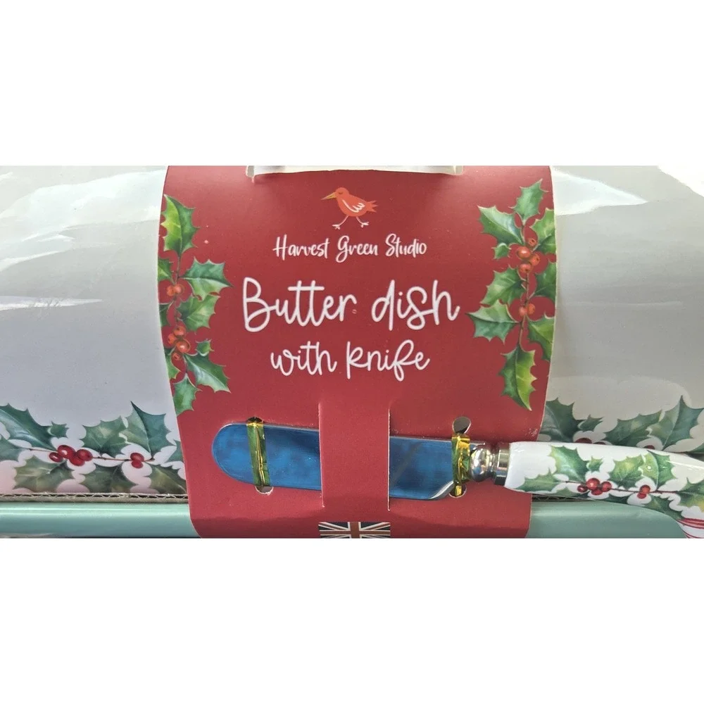 Christmas Holly Butter Dish With Knife Harvest Green Studio Designed In England